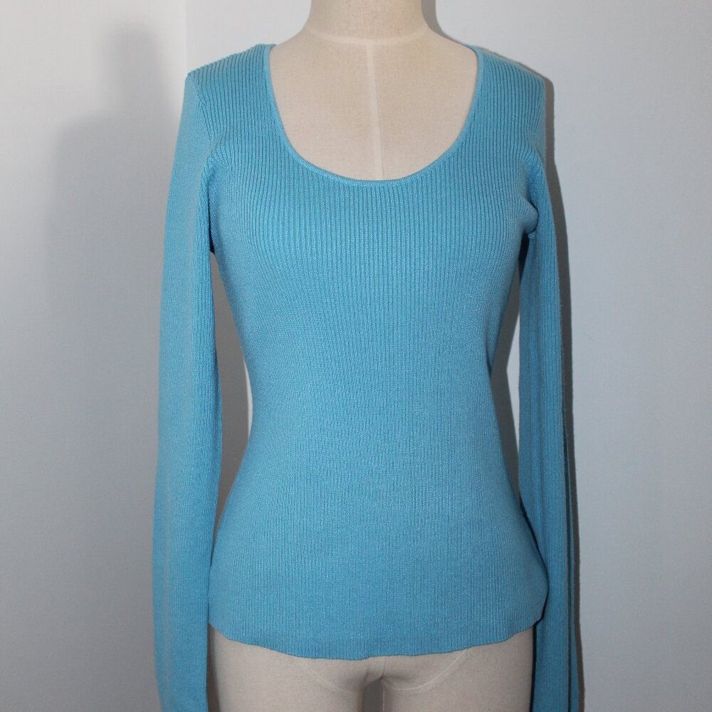 NWT Friend of Audrey Basic Rib Knit Top Pullover Azure Blue L